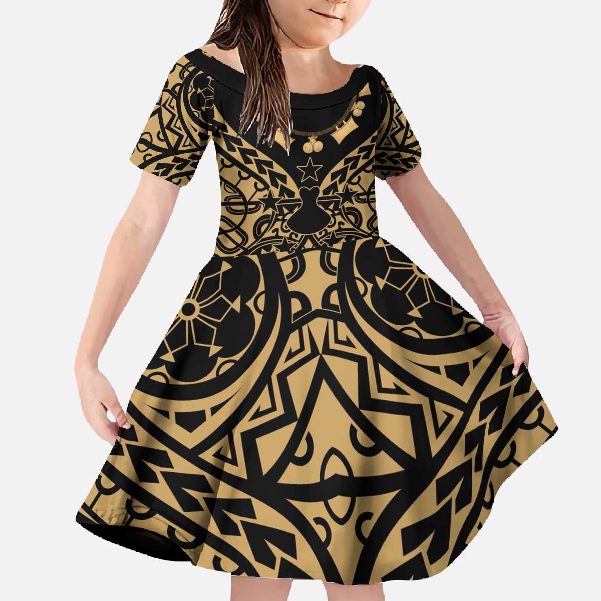 Austral Islands Family Matching Off The Shoulder Long Sleeve Dress and Hawaiian Shirt Tuhaa Pae Penu Stars Necklace Gold LT14 Daughter's Dress Gold - Polynesian Pride