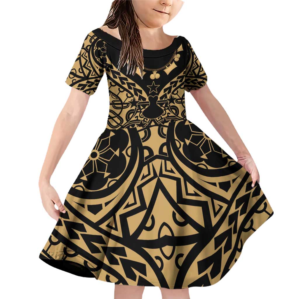 Austral Islands Family Matching Off Shoulder Short Dress and Hawaiian Shirt Tuhaa Pae Penu Stars Necklace Gold LT14 Daughter's Dress Gold - Polynesian Pride