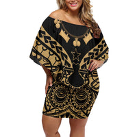 Austral Islands Family Matching Off Shoulder Short Dress and Hawaiian Shirt Tuhaa Pae Penu Stars Necklace Gold LT14 Mom's Dress Gold - Polynesian Pride