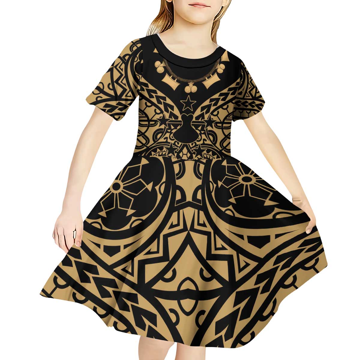 Austral Islands Kid Short Sleeve Dress Tuhaa Pae Penu Stars Necklace Gold LT14 - Polynesian Pride