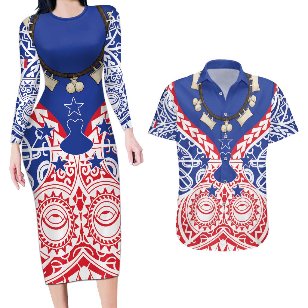 Austral Islands Couples Matching Long Sleeve Bodycon Dress and Hawaiian Shirt Tuhaa Pae Penu Stars Necklace Red LT14 Red - Polynesian Pride