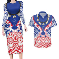 Austral Islands Couples Matching Long Sleeve Bodycon Dress and Hawaiian Shirt Tuhaa Pae Penu Stars Necklace Red LT14 Red - Polynesian Pride