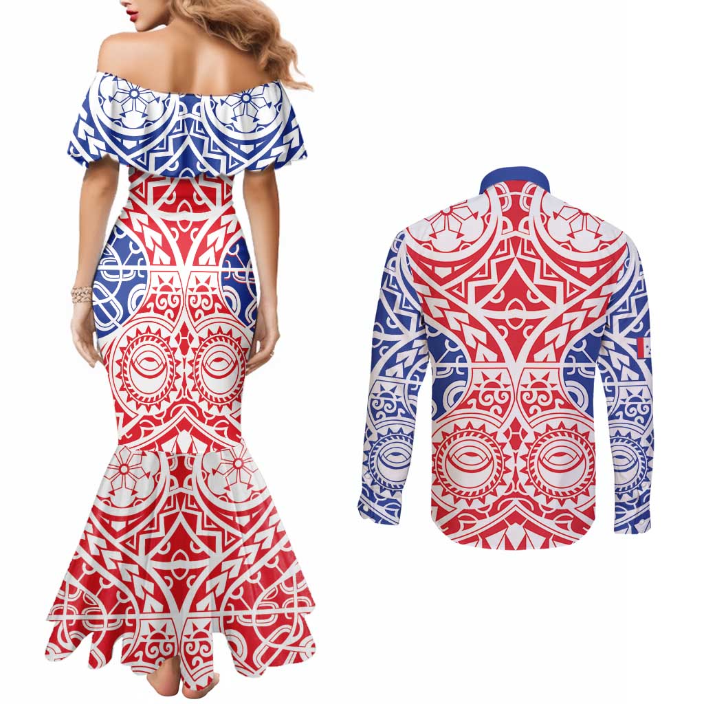 Austral Islands Couples Matching Mermaid Dress and Long Sleeve Button Shirt Tuhaa Pae Penu Stars Necklace Red LT14 - Polynesian Pride