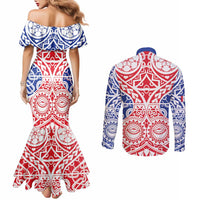 Austral Islands Couples Matching Mermaid Dress and Long Sleeve Button Shirt Tuhaa Pae Penu Stars Necklace Red LT14 - Polynesian Pride