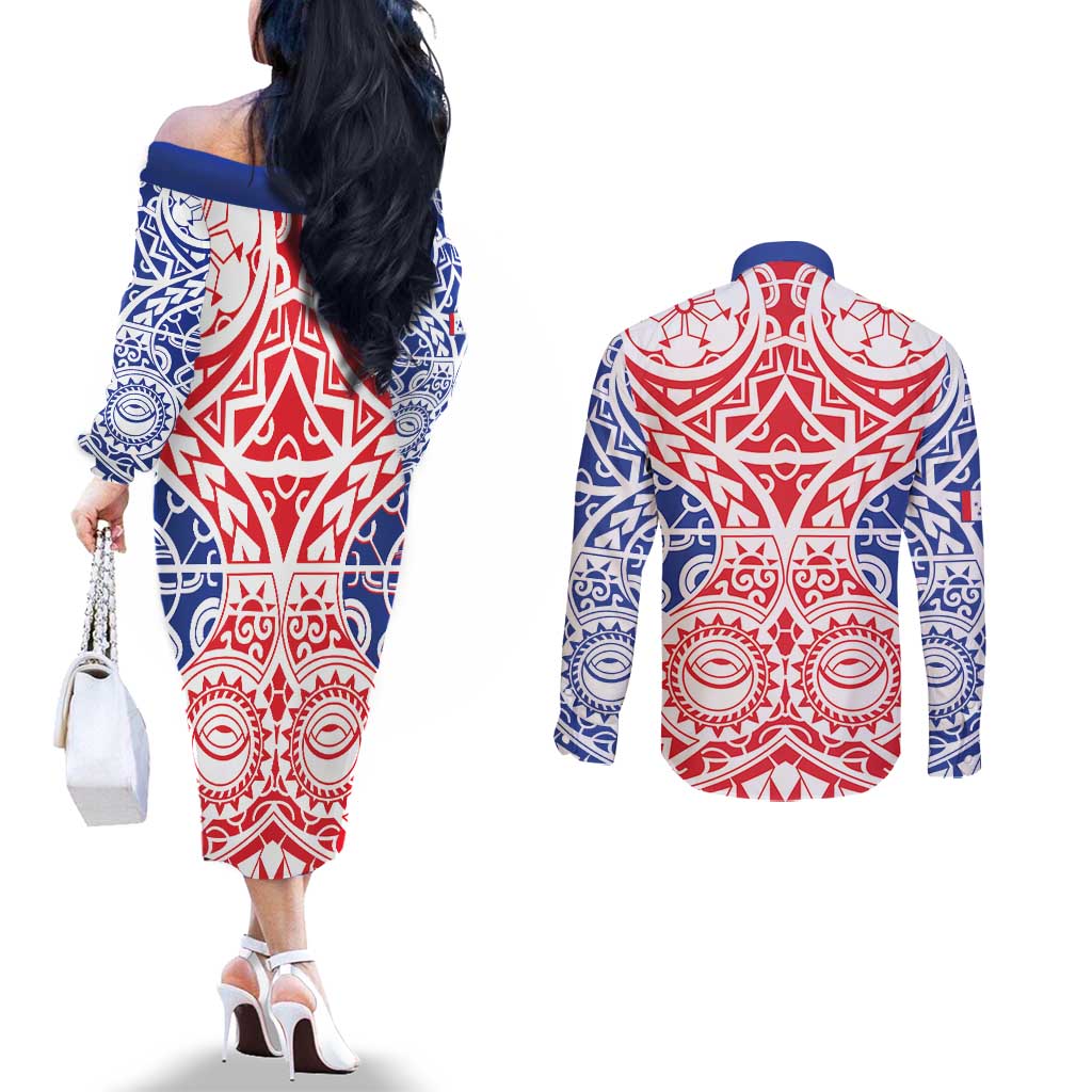 Austral Islands Couples Matching Off The Shoulder Long Sleeve Dress and Long Sleeve Button Shirt Tuhaa Pae Penu Stars Necklace Red - Polynesian Pride