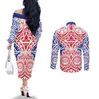 Austral Islands Couples Matching Off The Shoulder Long Sleeve Dress and Long Sleeve Button Shirt Tuhaa Pae Penu Stars Necklace Red - Polynesian Pride