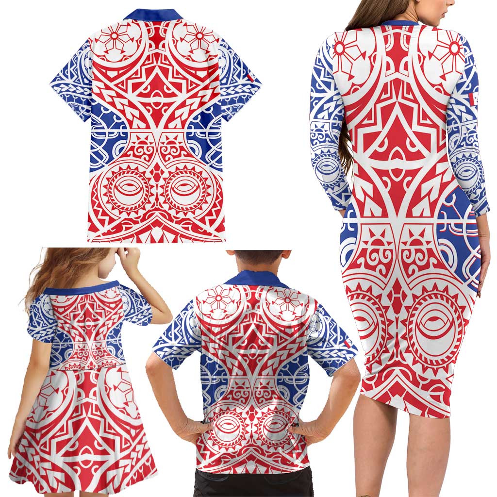 Austral Islands Family Matching Long Sleeve Bodycon Dress and Hawaiian Shirt Tuhaa Pae Penu Stars Necklace Red LT14 - Polynesian Pride