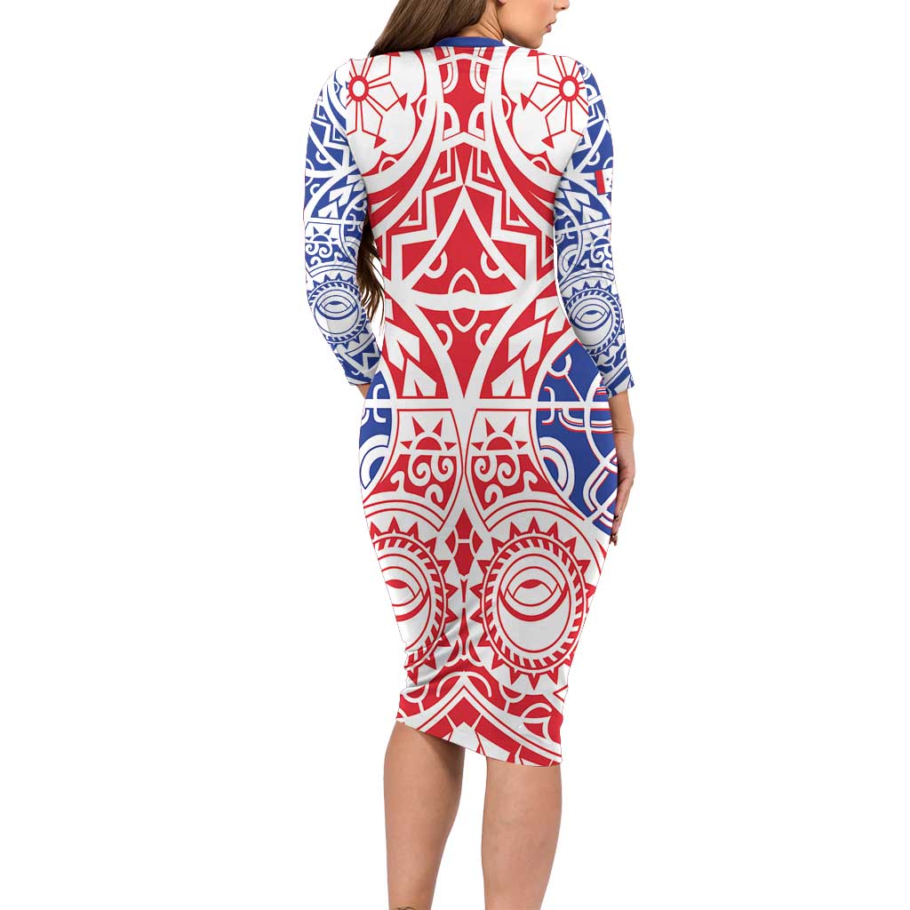 Austral Islands Family Matching Long Sleeve Bodycon Dress and Hawaiian Shirt Tuhaa Pae Penu Stars Necklace Red LT14 - Polynesian Pride