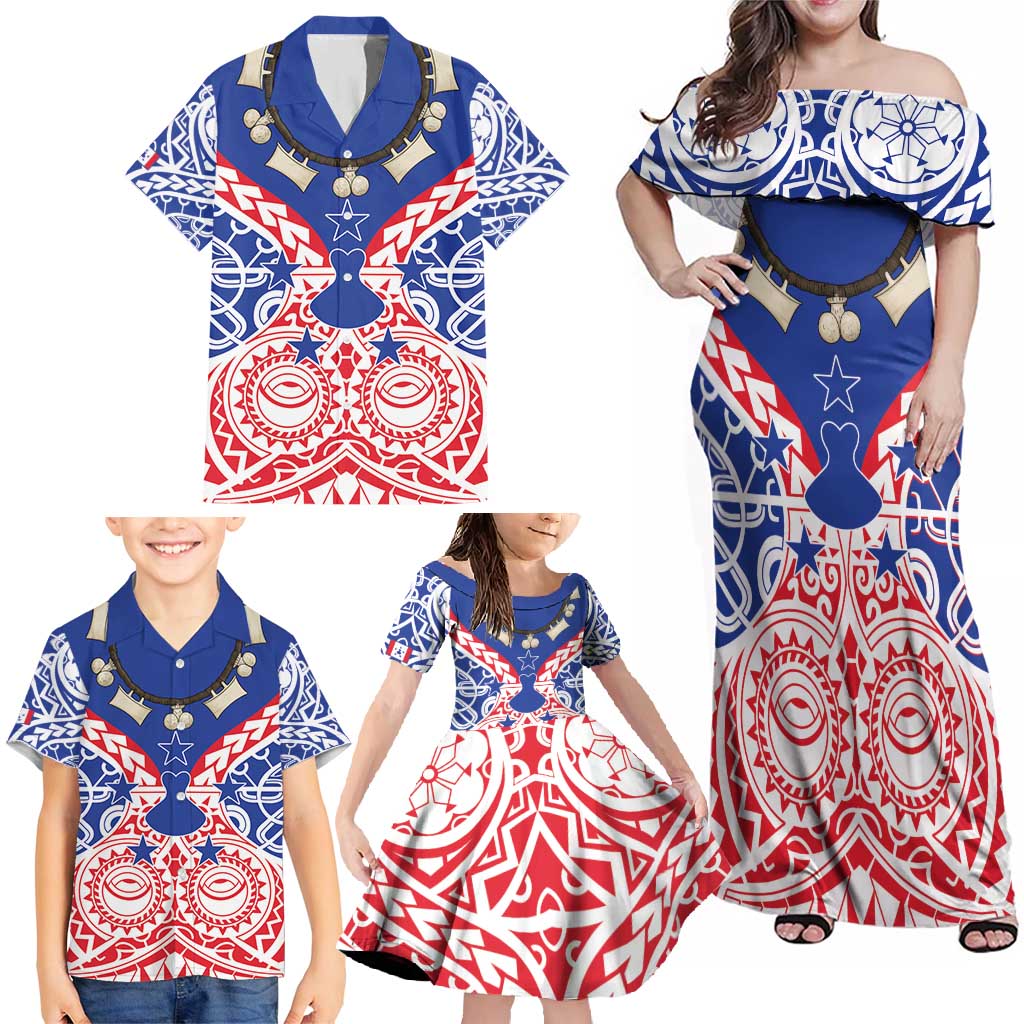 Austral Islands Family Matching Off Shoulder Maxi Dress and Hawaiian Shirt Tuhaa Pae Penu Stars Necklace Red - Polynesian Pride