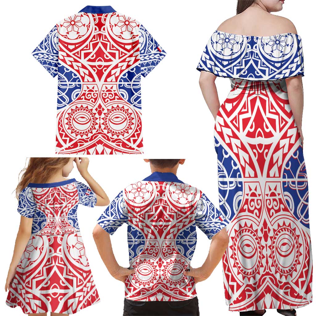 Austral Islands Family Matching Off Shoulder Maxi Dress and Hawaiian Shirt Tuhaa Pae Penu Stars Necklace Red LT14 - Polynesian Pride
