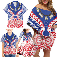 Austral Islands Family Matching Off Shoulder Short Dress and Hawaiian Shirt Tuhaa Pae Penu Stars Necklace Red LT14 - Polynesian Pride