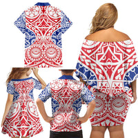 Austral Islands Family Matching Off Shoulder Short Dress and Hawaiian Shirt Tuhaa Pae Penu Stars Necklace Red LT14 - Polynesian Pride