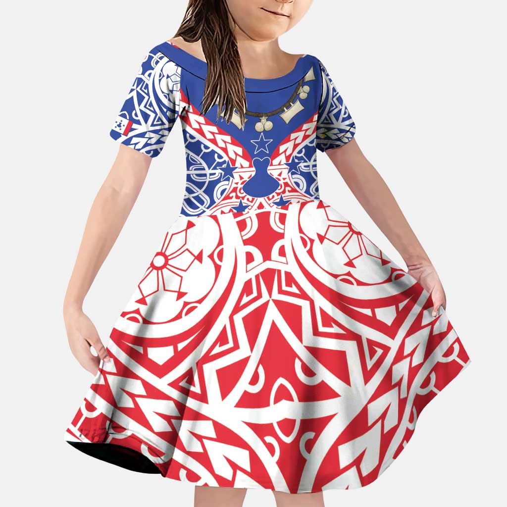 Austral Islands Family Matching Puletasi and Hawaiian Shirt Tuhaa Pae Penu Stars Necklace Red LT14 Daughter's Dress Red - Polynesian Pride