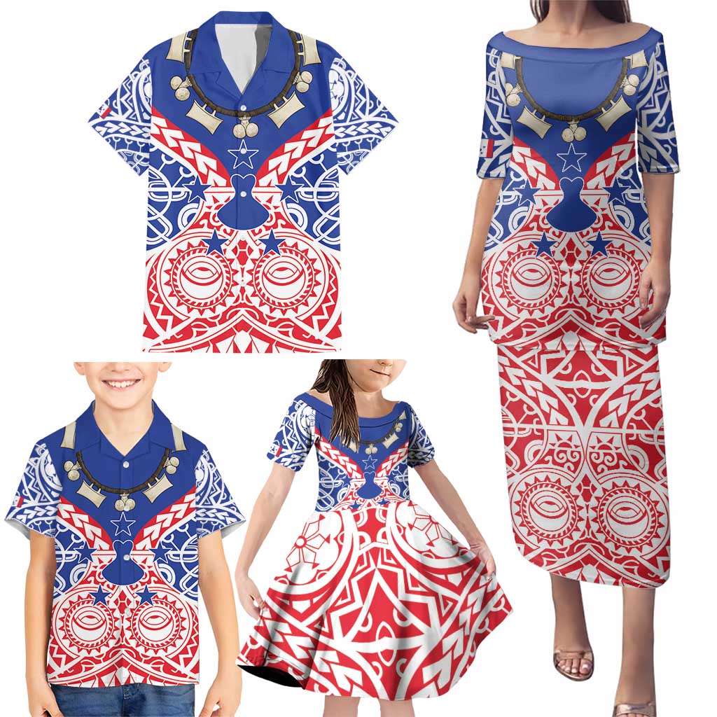 Austral Islands Family Matching Puletasi and Hawaiian Shirt Tuhaa Pae Penu Stars Necklace Red LT14 - Polynesian Pride