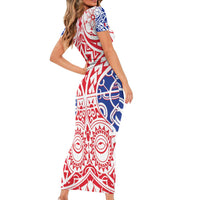 Austral Islands Family Matching Short Sleeve Bodycon Dress and Hawaiian Shirt Tuhaa Pae Penu Stars Necklace Red LT14 - Polynesian Pride