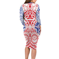 Austral Islands Long Sleeve Bodycon Dress Tuhaa Pae Penu Stars Necklace Red LT14 - Polynesian Pride