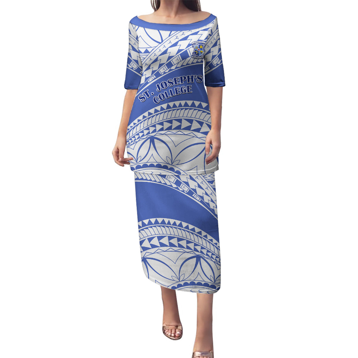 Personalised Samoa St Josephs College Family Matching Puletasi Dress and Hawaiian Shirt Marist Brothers Samoan Pattern LT14 Mom's Dress Blue - Polynesian Pride