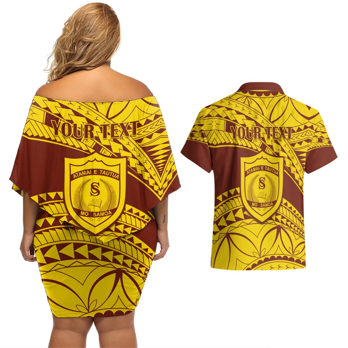 Personalised Samoa College Couples Matching Off Shoulder Short Dress and Hawaiian Shirt Samoan Pattern LT14 - Polynesian Pride