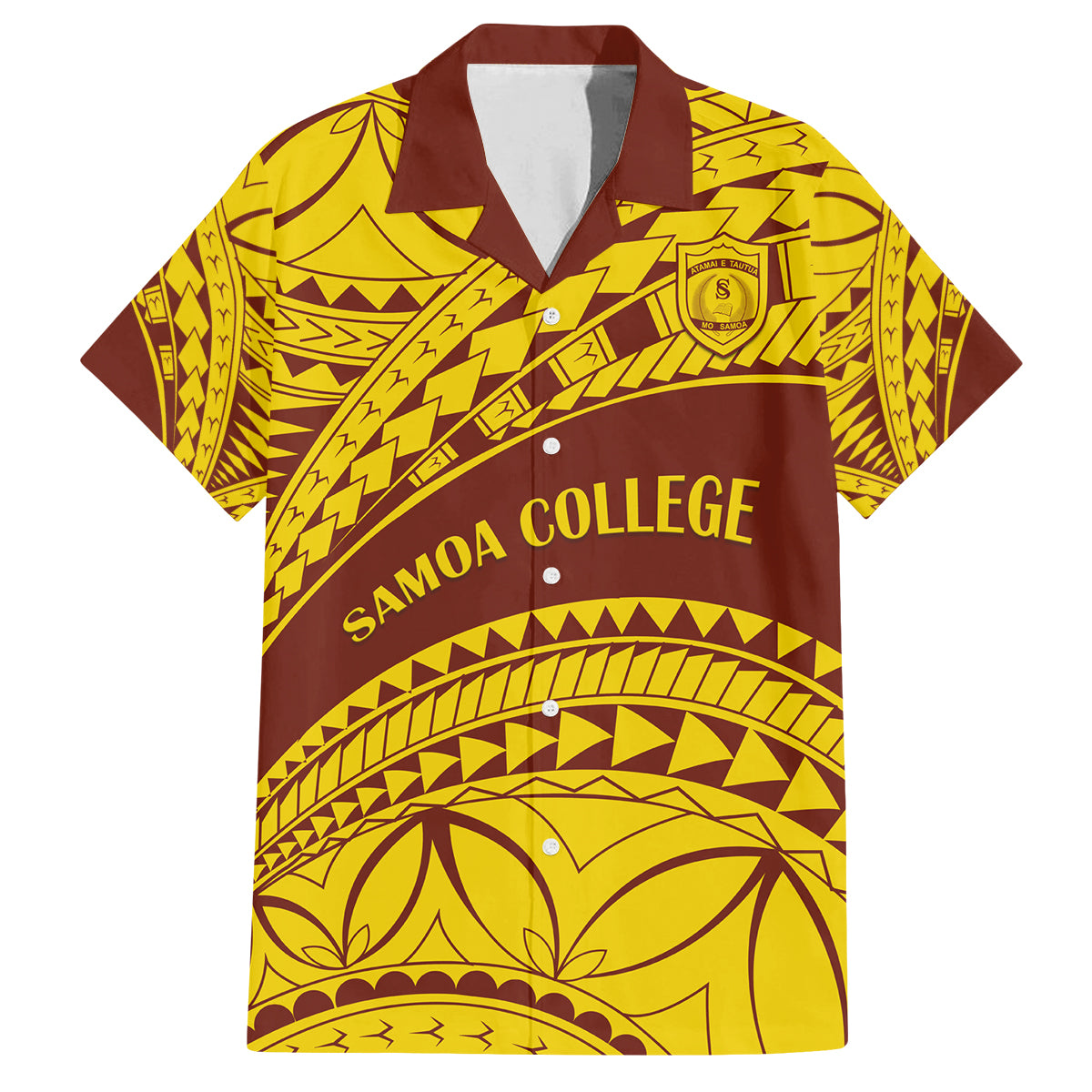 Personalised Samoa College Family Matching Off Shoulder Long Sleeve Dress and Hawaiian Shirt Samoan Pattern LT14 Dad's Shirt - Short Sleeve Gold - Polynesian Pride