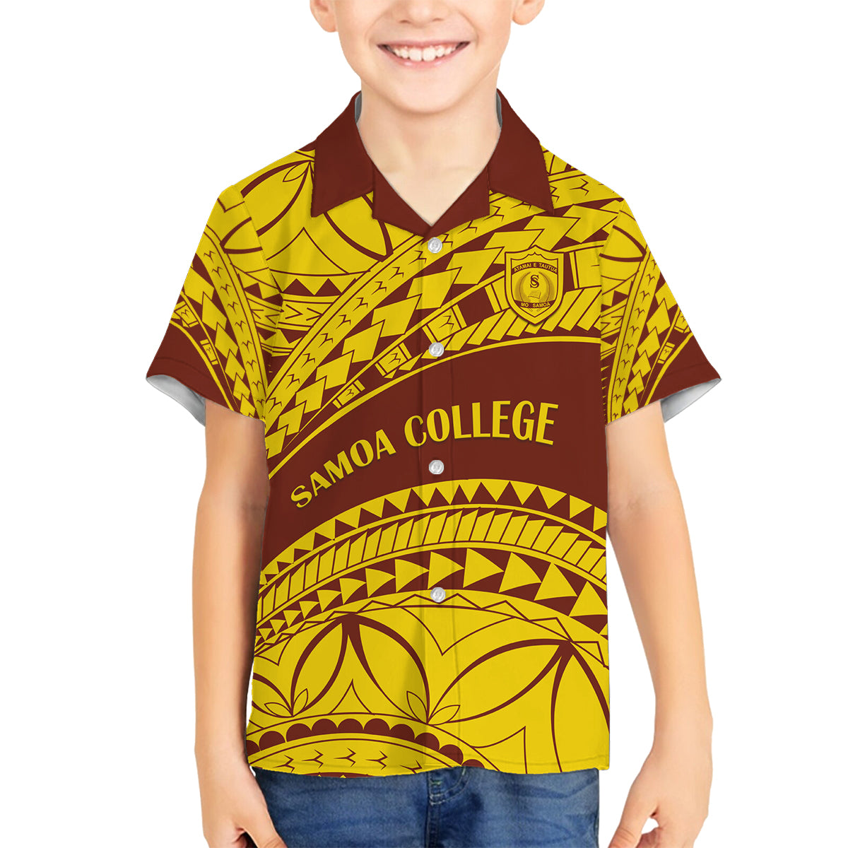 Personalised Samoa College Family Matching Off Shoulder Short Dress and Hawaiian Shirt Samoan Pattern LT14 Son's Shirt Gold - Polynesian Pride