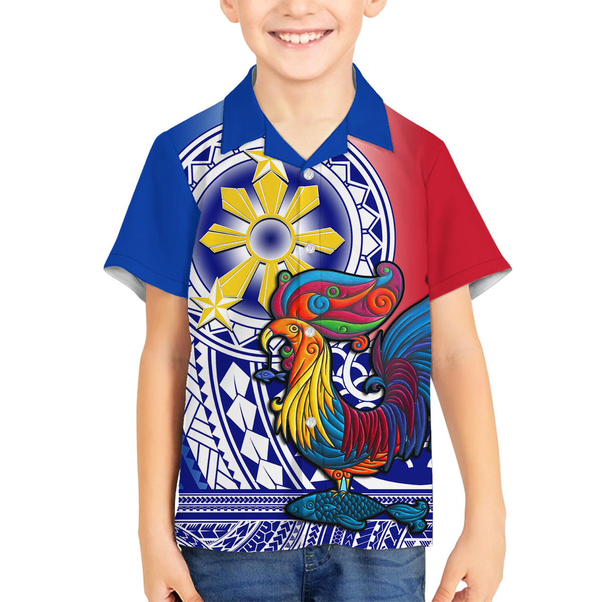Personalised Philippines Family Matching Long Sleeve Bodycon Dress and Hawaiian Shirt Filipino Sarimanok With Polynesian Tattoo LT14 Son's Shirt Blue - Polynesian Pride