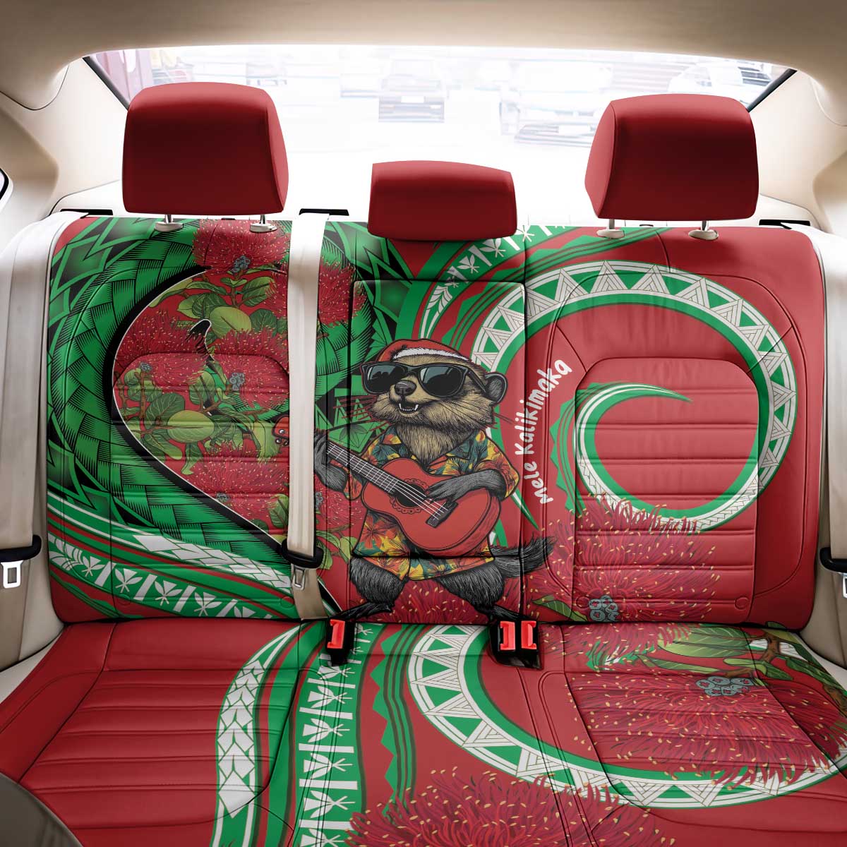 Mele Kalikimaka Hawaii Back Car Seat Cover Mongoose Santa With Ohia Lehua LT14 - Polynesian Pride
