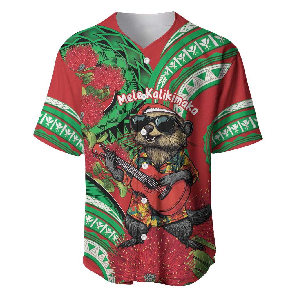 Mele Kalikimaka Hawaii Baseball Jersey Mongoose Santa With Ohia Lehua LT14 Red - Polynesian Pride