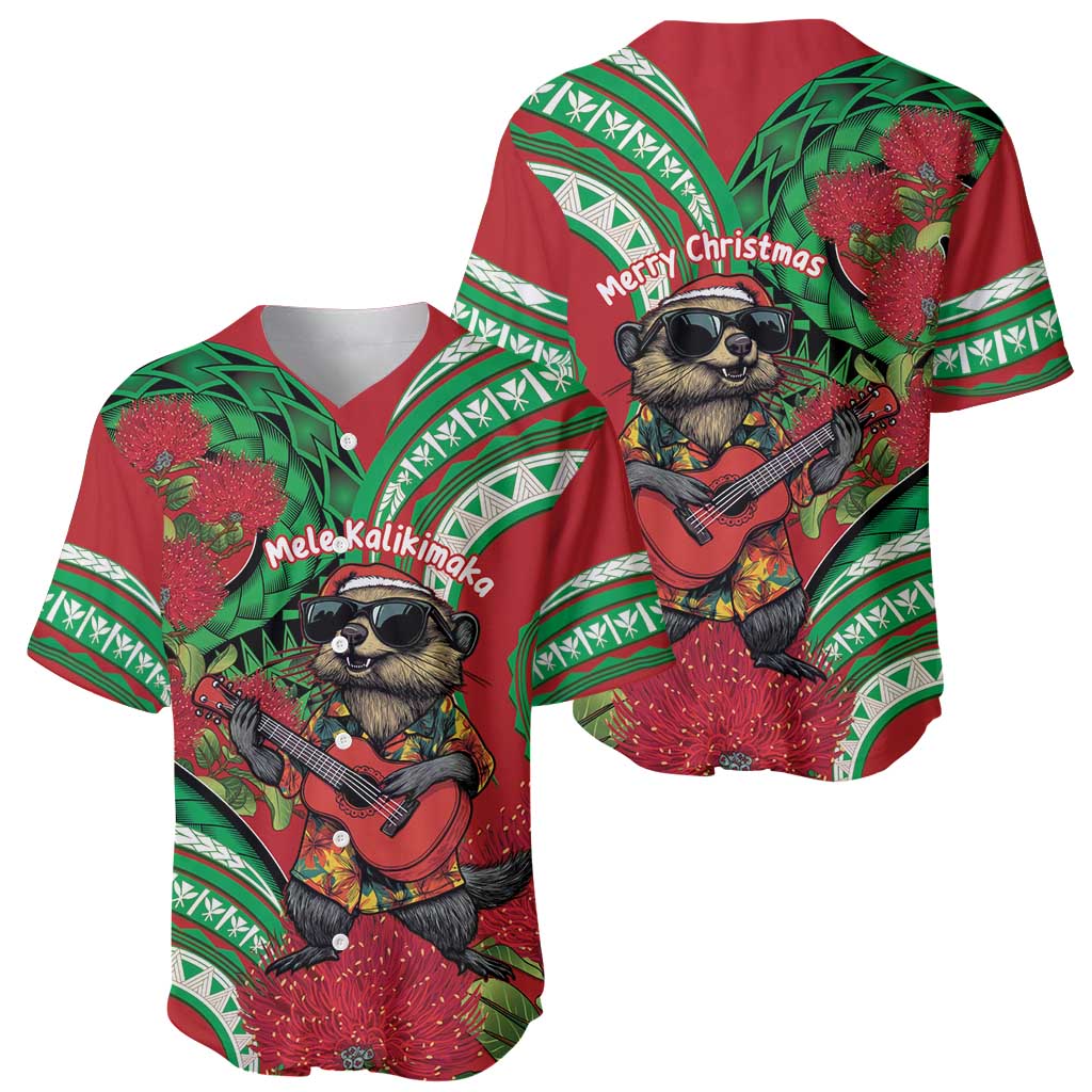 Mele Kalikimaka Hawaii Baseball Jersey Mongoose Santa With Ohia Lehua LT14 - Polynesian Pride