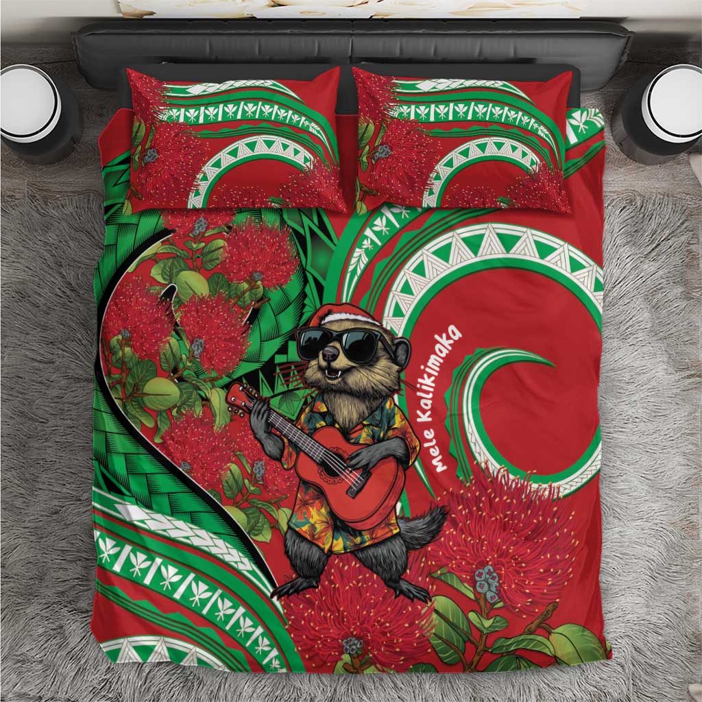 Mele Kalikimaka Hawaii Bedding Set Mongoose Santa With Ohia Lehua LT14 Red - Polynesian Pride