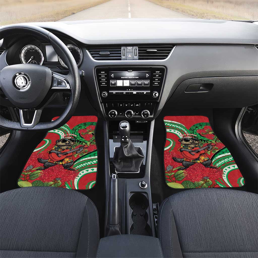 Mele Kalikimaka Hawaii Car Mats Mongoose Santa With Ohia Lehua LT14 Set 2pcs - Front Red - Polynesian Pride