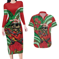 Mele Kalikimaka Hawaii Couples Matching Long Sleeve Bodycon Dress and Hawaiian Shirt Mongoose Santa With Ohia Lehua LT14 Red - Polynesian Pride