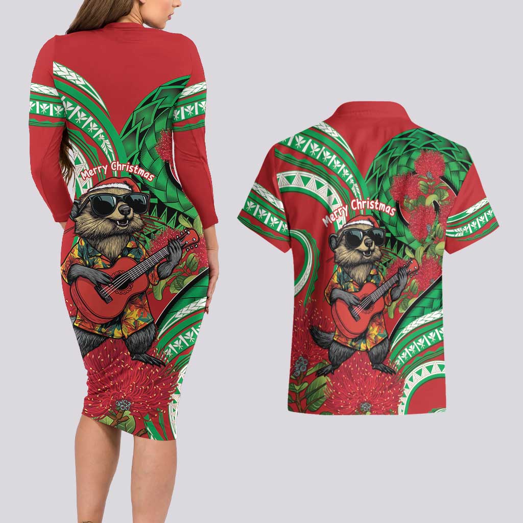Mele Kalikimaka Hawaii Couples Matching Long Sleeve Bodycon Dress and Hawaiian Shirt Mongoose Santa With Ohia Lehua LT14 - Polynesian Pride