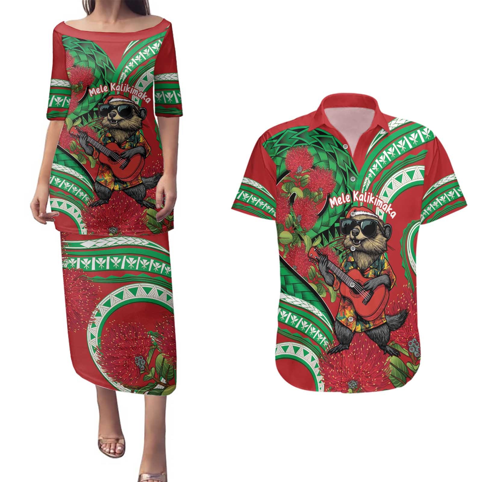 Mele Kalikimaka Hawaii Couples Matching Puletasi and Hawaiian Shirt Mongoose Santa With Ohia Lehua