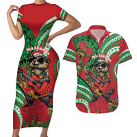 Mele Kalikimaka Hawaii Couples Matching Short Sleeve Bodycon Dress and Hawaiian Shirt Mongoose Santa With Ohia Lehua LT14 Red - Polynesian Pride