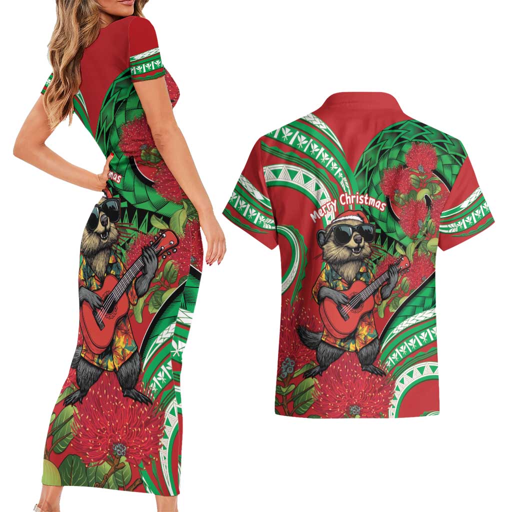 Mele Kalikimaka Hawaii Couples Matching Short Sleeve Bodycon Dress and Hawaiian Shirt Mongoose Santa With Ohia Lehua LT14 - Polynesian Pride
