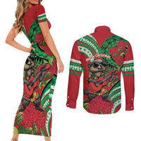 Mele Kalikimaka Hawaii Couples Matching Short Sleeve Bodycon Dress and Long Sleeve Button Shirt Mongoose Santa With Ohia Lehua