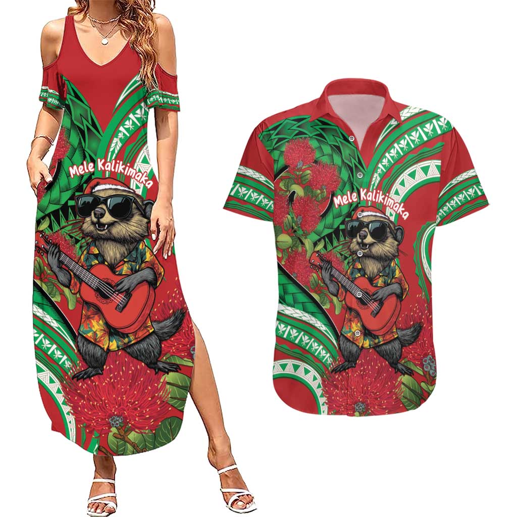 Mele Kalikimaka Hawaii Couples Matching Summer Maxi Dress and Hawaiian Shirt Mongoose Santa With Ohia Lehua
