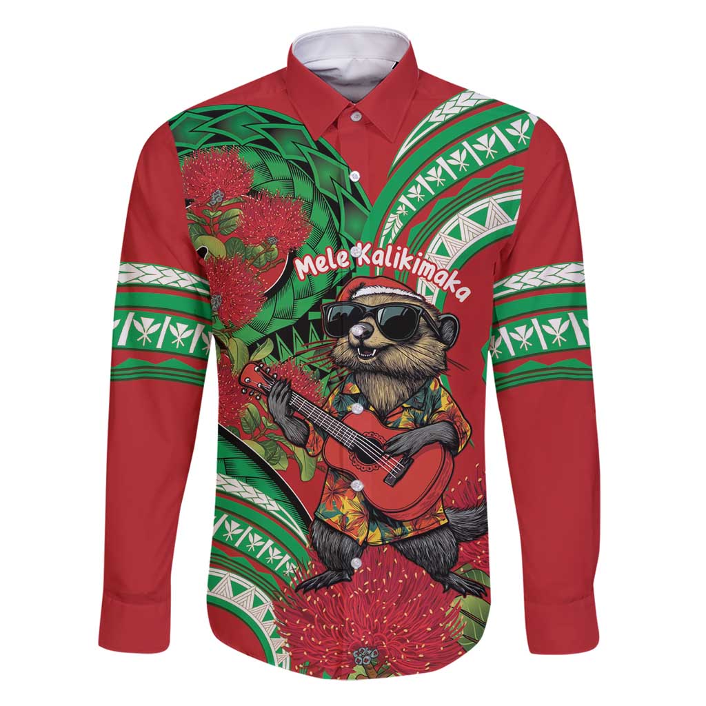 Mele Kalikimaka Hawaii Family Matching Mermaid Dress and Hawaiian Shirt Mongoose Santa With Ohia Lehua LT14 Dad's Shirt - Long Sleeve Red - Polynesian Pride