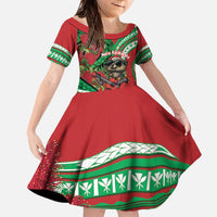 Mele Kalikimaka Hawaii Family Matching Off The Shoulder Long Sleeve Dress and Hawaiian Shirt Mongoose Santa With Ohia Lehua LT14 Daughter's Dress Red - Polynesian Pride