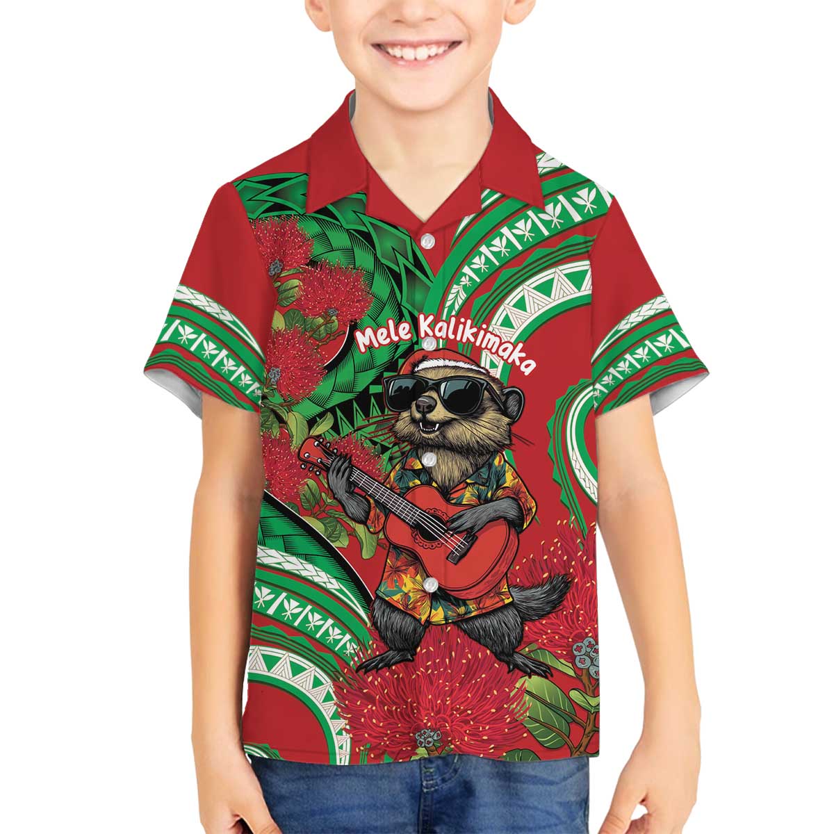 Mele Kalikimaka Hawaii Family Matching Off The Shoulder Long Sleeve Dress and Hawaiian Shirt Mongoose Santa With Ohia Lehua LT14 Son's Shirt Red - Polynesian Pride