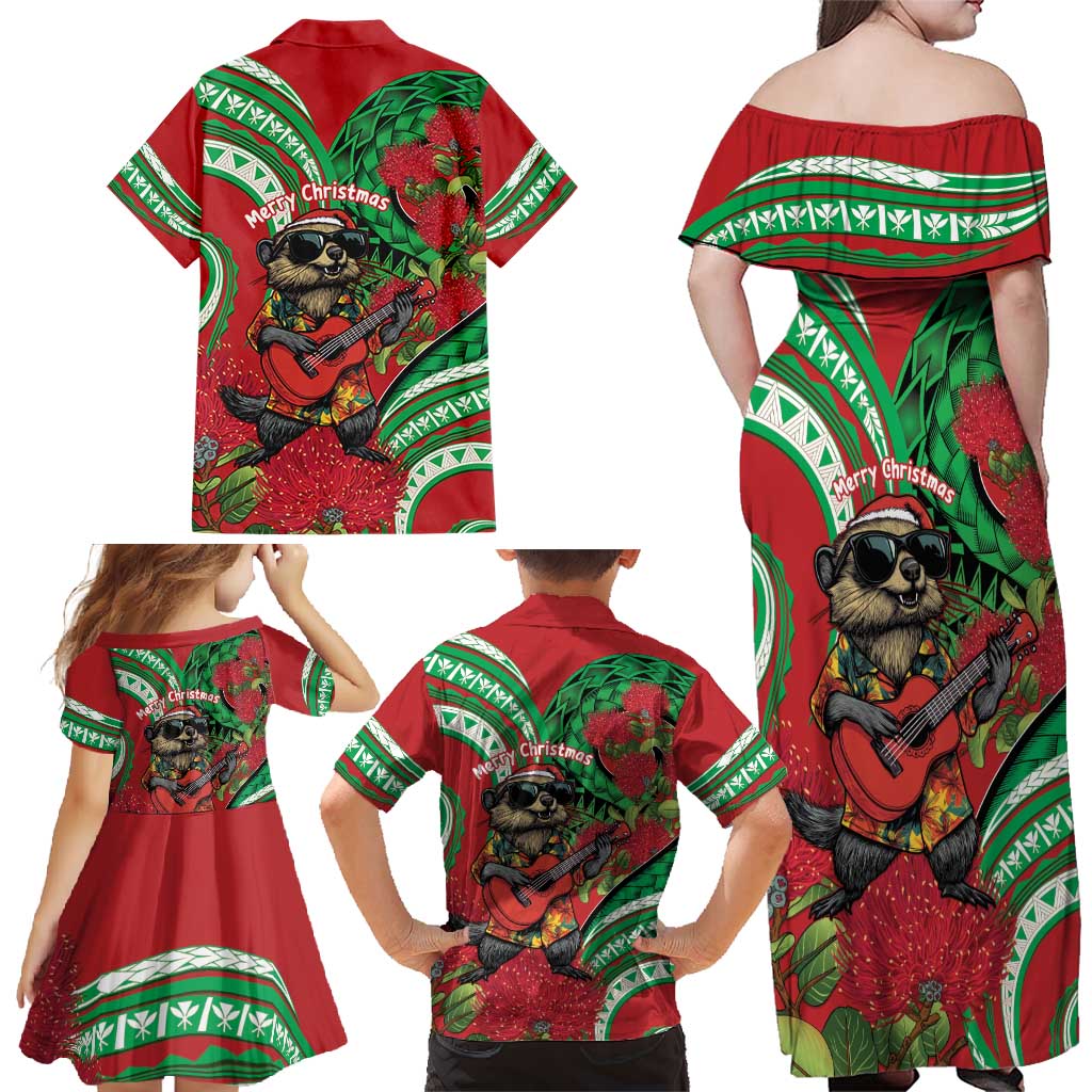 Mele Kalikimaka Hawaii Family Matching Off Shoulder Maxi Dress and Hawaiian Shirt Mongoose Santa With Ohia Lehua LT14 - Polynesian Pride