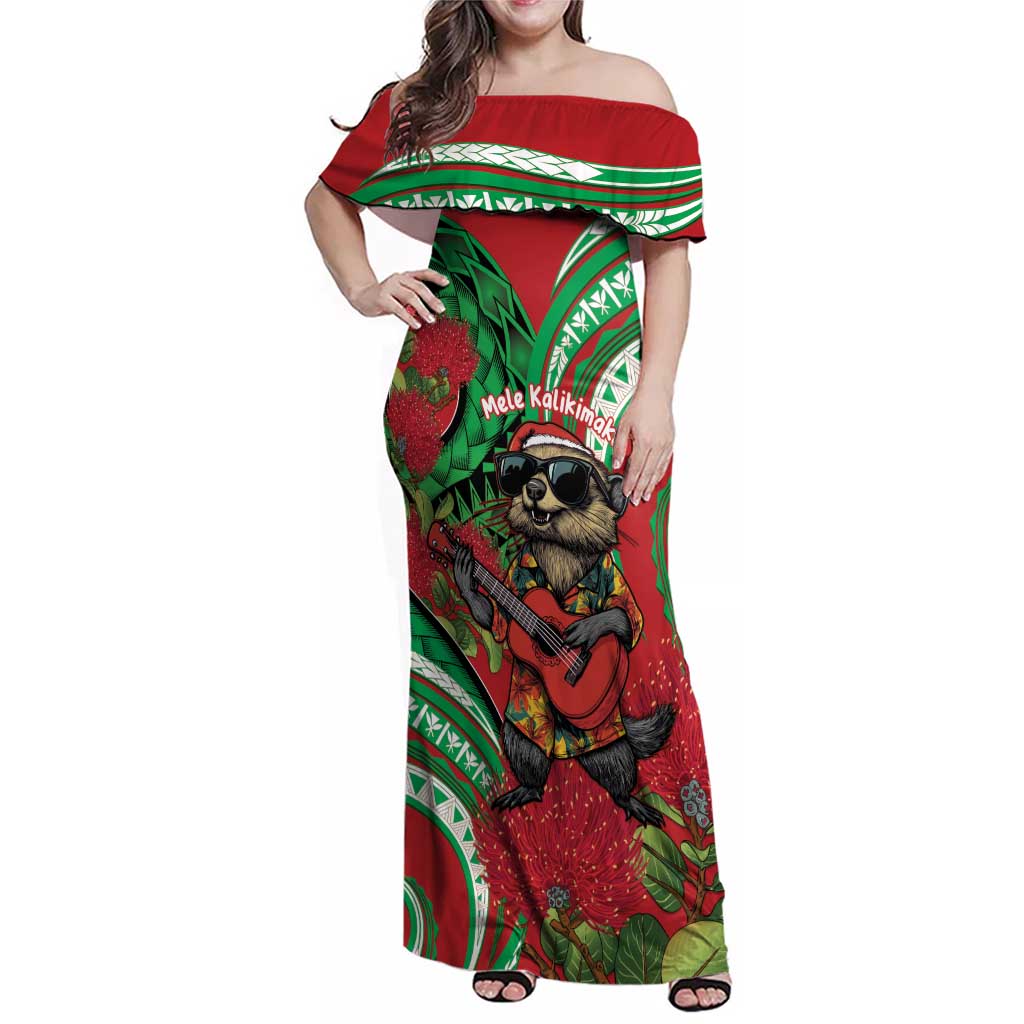 Mele Kalikimaka Hawaii Family Matching Off Shoulder Maxi Dress and Hawaiian Shirt Mongoose Santa With Ohia Lehua LT14 Mom's Dress Red - Polynesian Pride