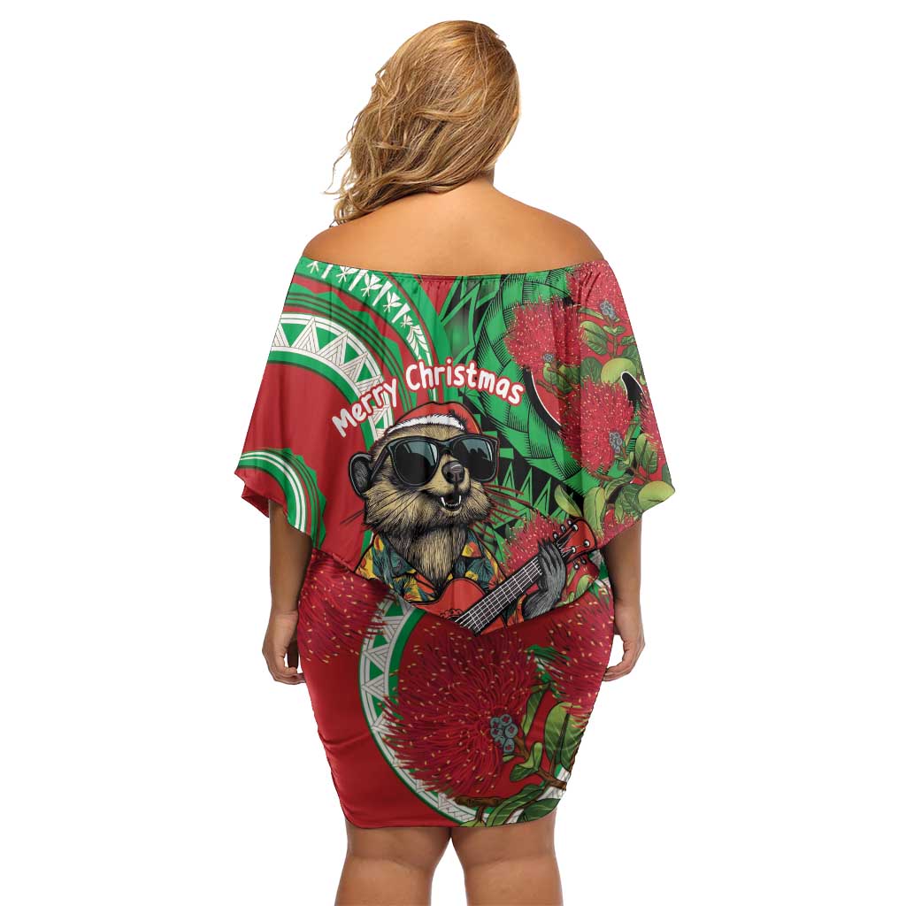Mele Kalikimaka Hawaii Family Matching Off Shoulder Short Dress and Hawaiian Shirt Mongoose Santa With Ohia Lehua LT14 - Polynesian Pride