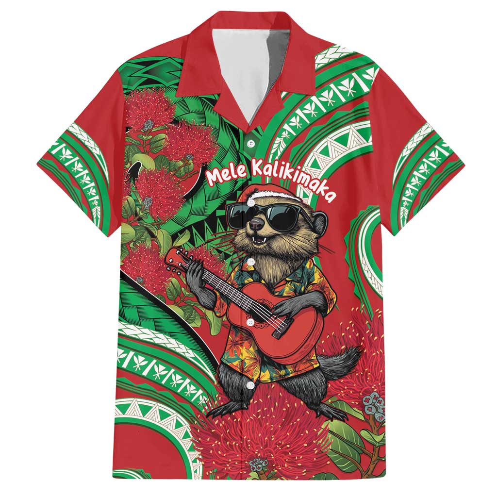 Mele Kalikimaka Hawaii Family Matching Short Sleeve Bodycon Dress and Hawaiian Shirt Mongoose Santa With Ohia Lehua LT14 Dad's Shirt - Short Sleeve Red - Polynesian Pride