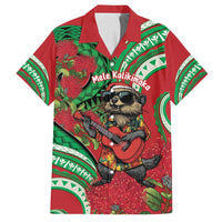 Mele Kalikimaka Hawaii Family Matching Summer Maxi Dress and Hawaiian Shirt Mongoose Santa With Ohia Lehua LT14 Dad's Shirt - Short Sleeve Red - Polynesian Pride