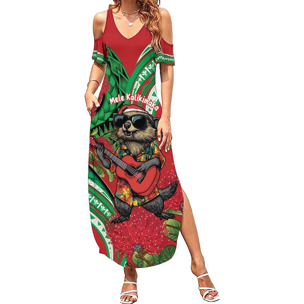 Mele Kalikimaka Hawaii Family Matching Summer Maxi Dress and Hawaiian Shirt Mongoose Santa With Ohia Lehua LT14 Mom's Dress Red - Polynesian Pride