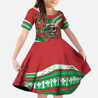 Mele Kalikimaka Hawaii Family Matching Tank Maxi Dress and Hawaiian Shirt Mongoose Santa With Ohia Lehua LT14 Daughter's Dress Red - Polynesian Pride