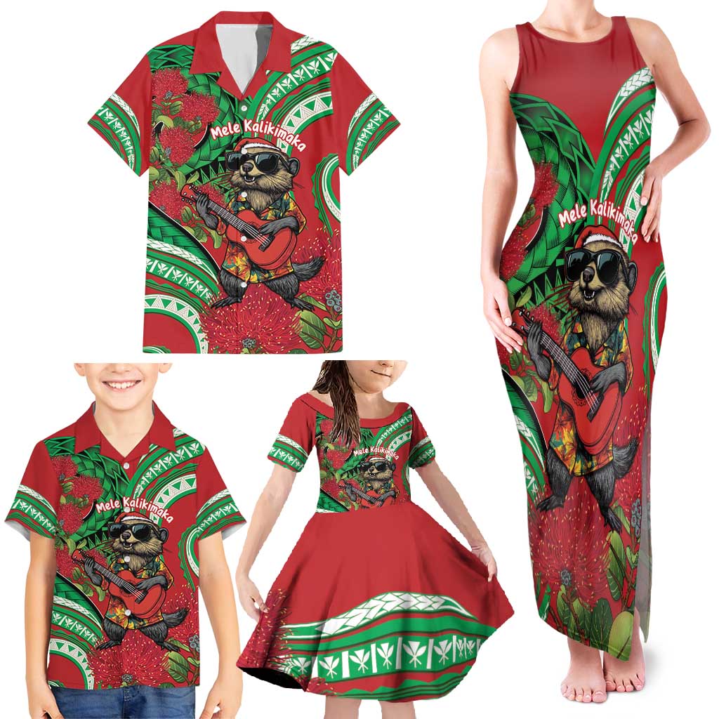 Mele Kalikimaka Hawaii Family Matching Tank Maxi Dress and Hawaiian Shirt Mongoose Santa With Ohia Lehua LT14 - Polynesian Pride