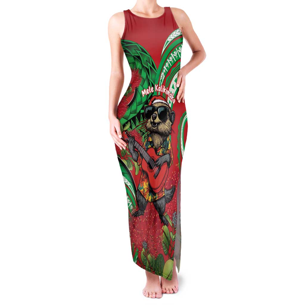 Mele Kalikimaka Hawaii Family Matching Tank Maxi Dress and Hawaiian Shirt Mongoose Santa With Ohia Lehua LT14 Mom's Dress Red - Polynesian Pride