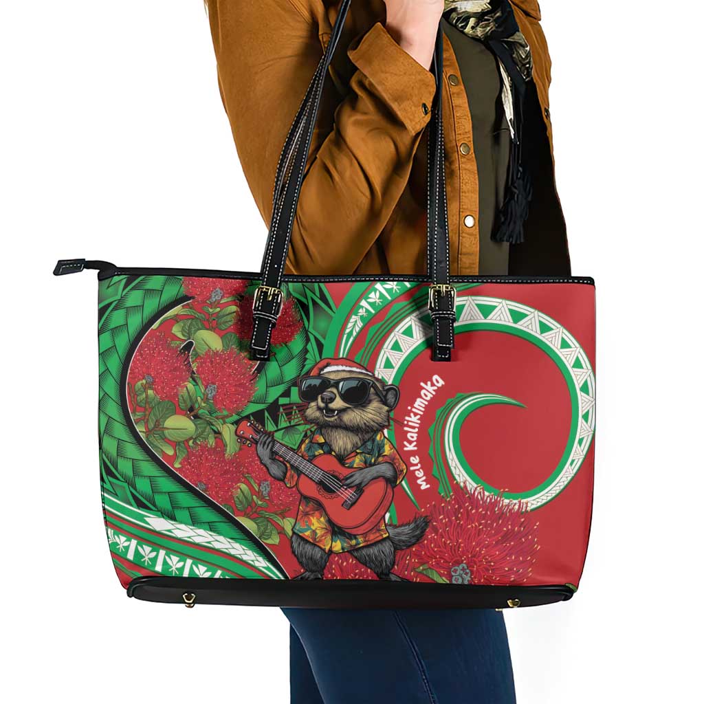 Mele Kalikimaka Hawaii Leather Tote Bag Mongoose Santa With Ohia Lehua